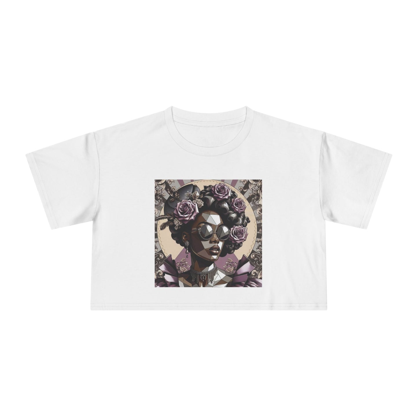 Poly Art Chic Women's Crop Tee - Floral Art Inspired Shirt, Casual Summer Wear, Festival Top, Vintage Style - Lilac Baroque Lady