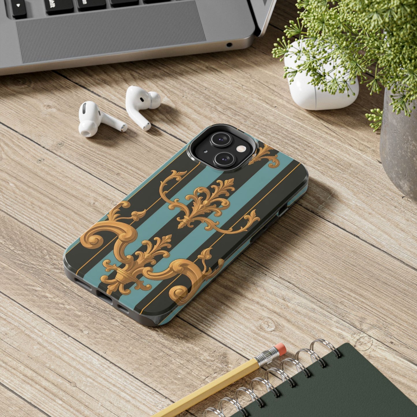 Elegant Baroque Tough Phone Case, Stylish Phone Cover, Durable iPhone Case, Unique Gift - Black & Turquoise Striped Baroque