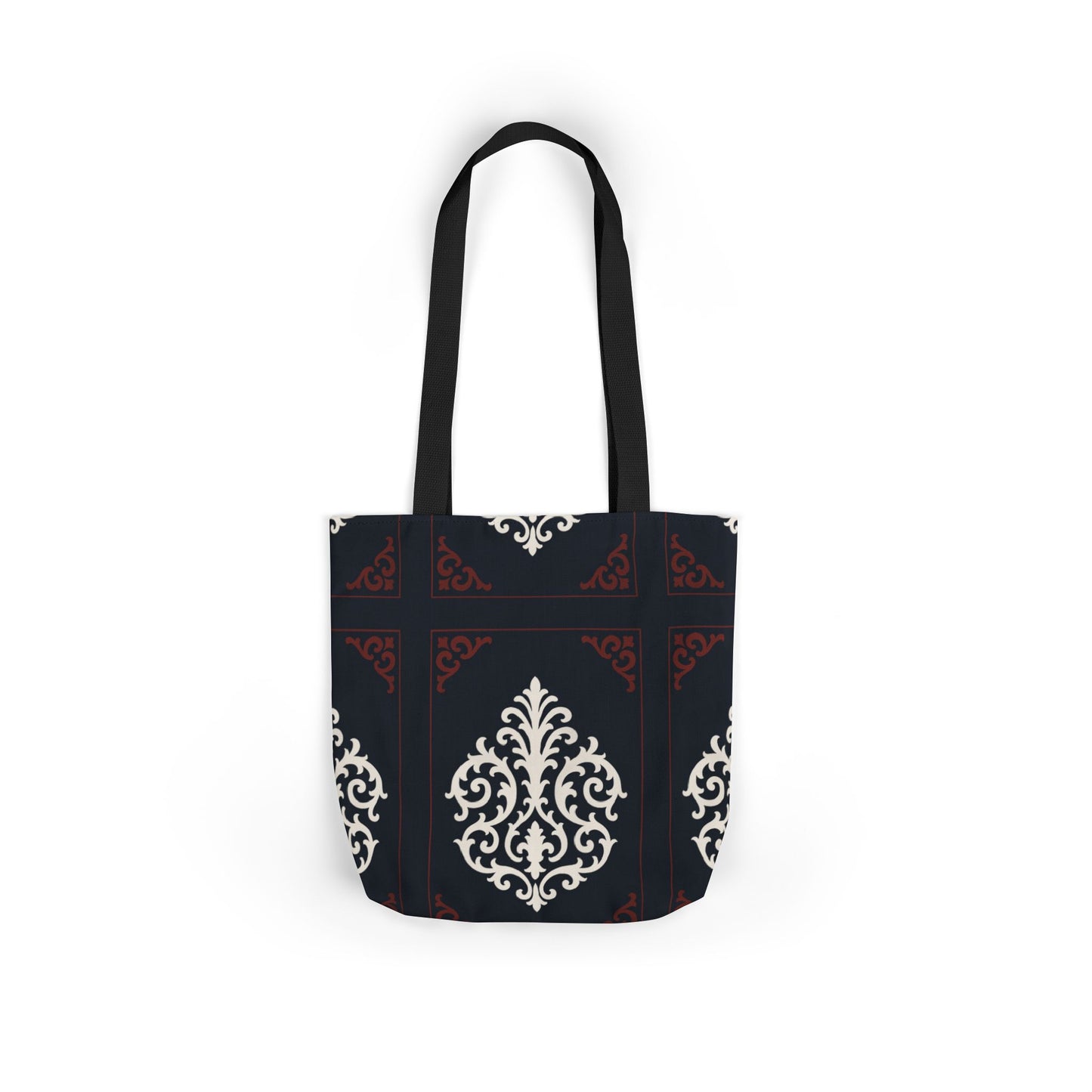 Dusk Blue-Maroon & White Baroque Pattern Canvas Tote Bag — Elegant Dusk Blue & White Reusable Market Bag