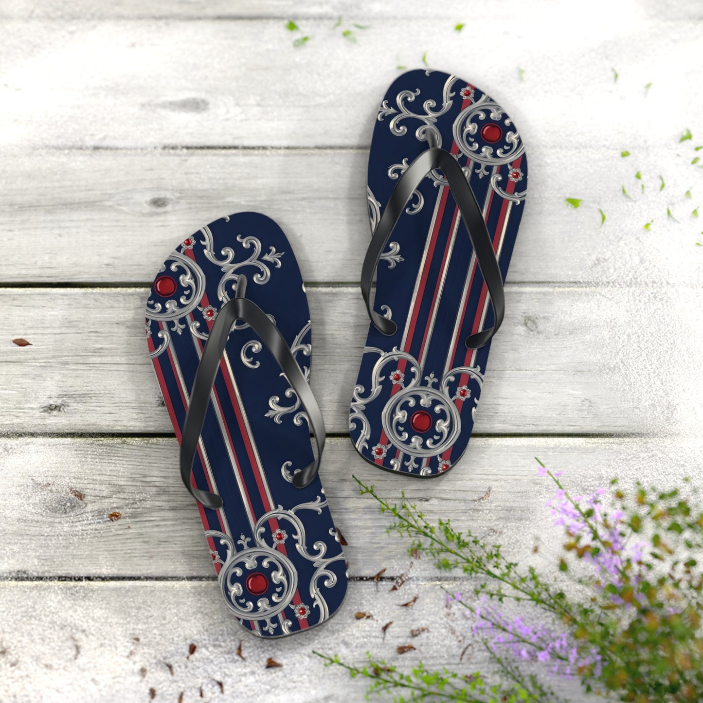 Elegant Nautical Flip Flops | Perfect for Beach Days, Summer Parties, Travel, Vacation, Poolside Relaxation - Blue & Red Striped Silver Baroque