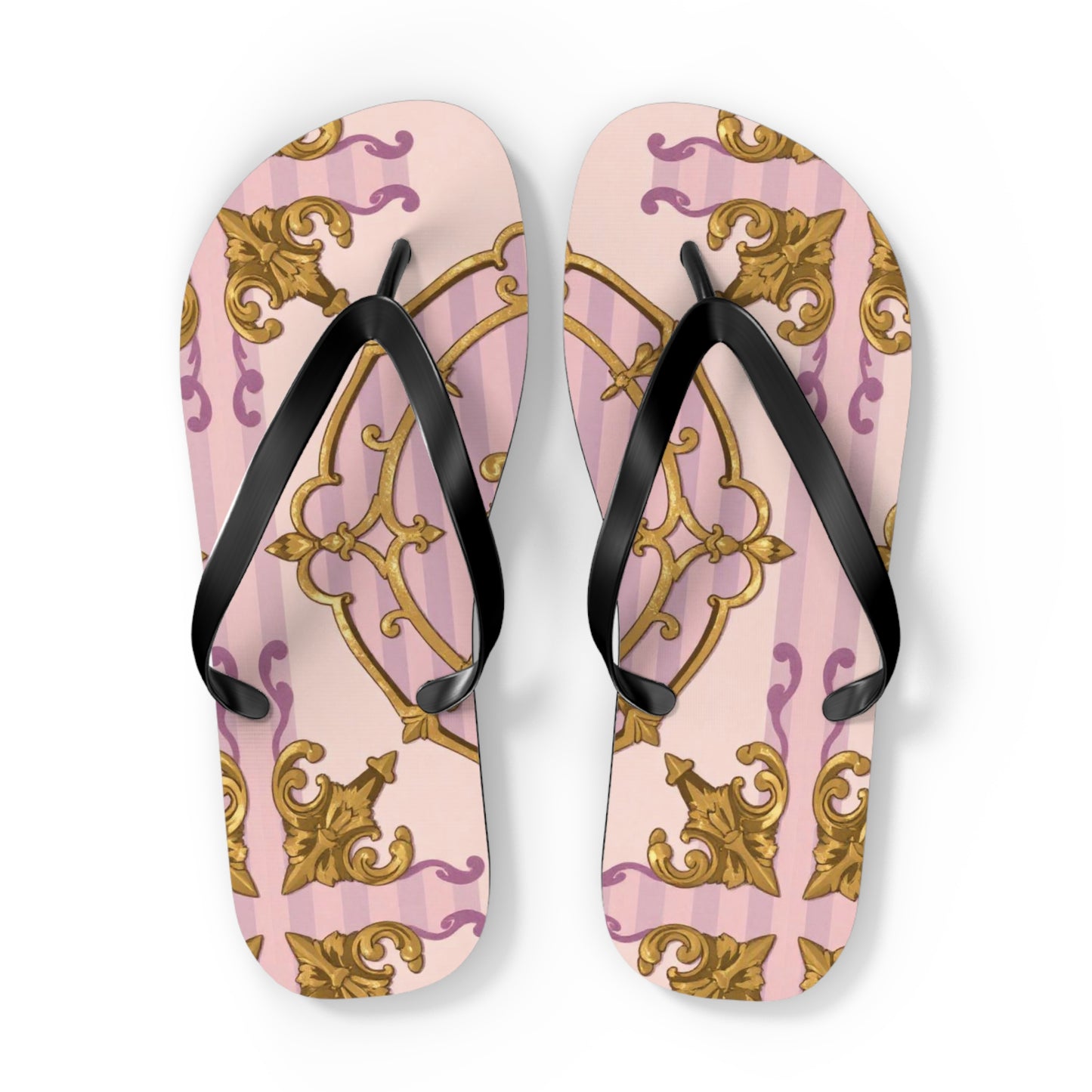 Elegant Lavender & Alabaster Striped Gold Baroque Flip Flops - Perfect for Summer Days, Beach Trips, Pool Parties, Vacation, and Relaxing at Home