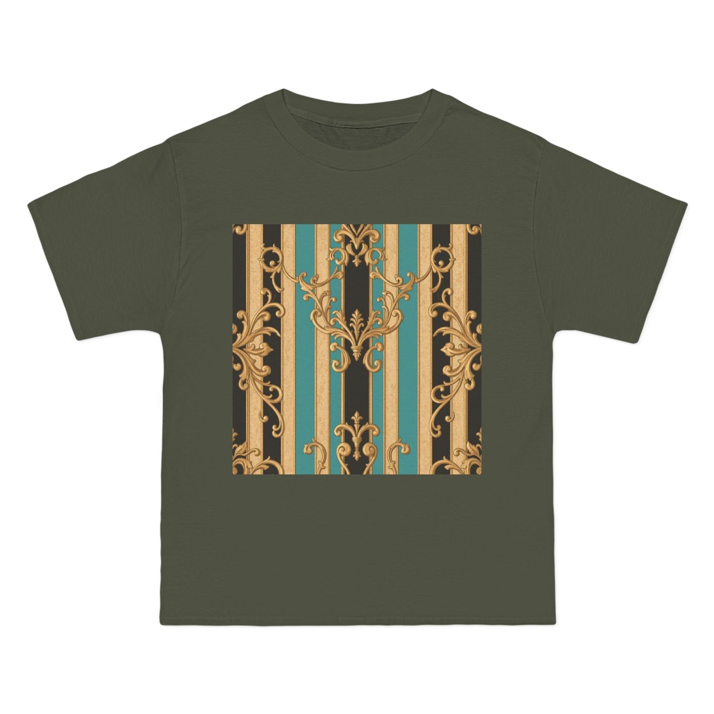 Chic Black, Tan & Ocean Green Striped Gold Baroque Vintage Pattern T-Shirt - Art Shirt, Stylish Casual Wear, Gifts & Everyday Fashion