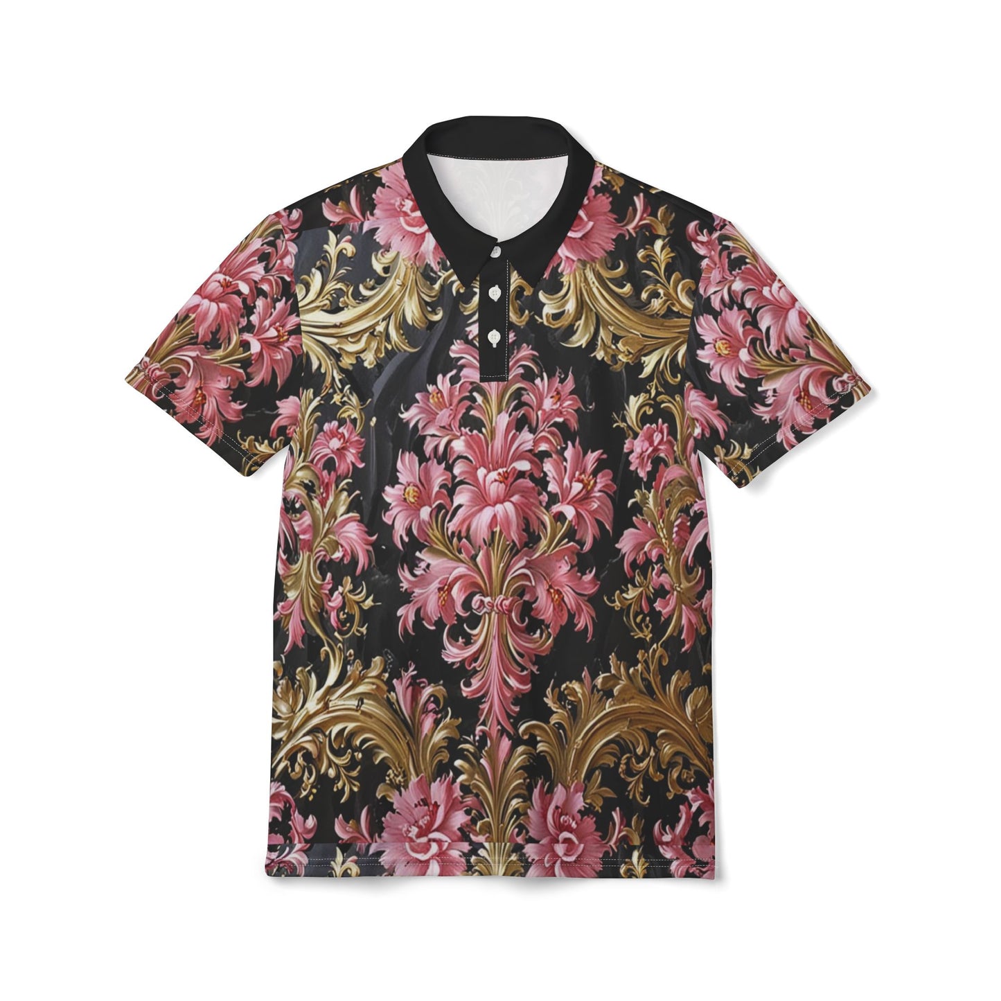 Floral Elegance Unisex Polo Shirt, Stylish Casual Wear, Trendy Summer Attire, Floral Pattern Shirt - Black & Pink Oil Painting Style Rococo
