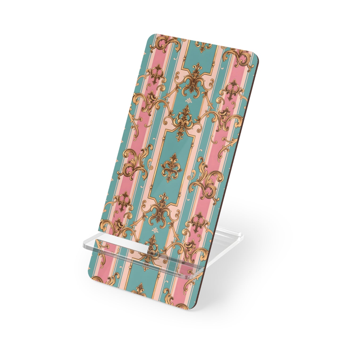 Elegant Smartphone Display Stand, Decorative Phone Holder Stand, Home Office Accessory - Pink & Matte Turquoise Striped Rococo
