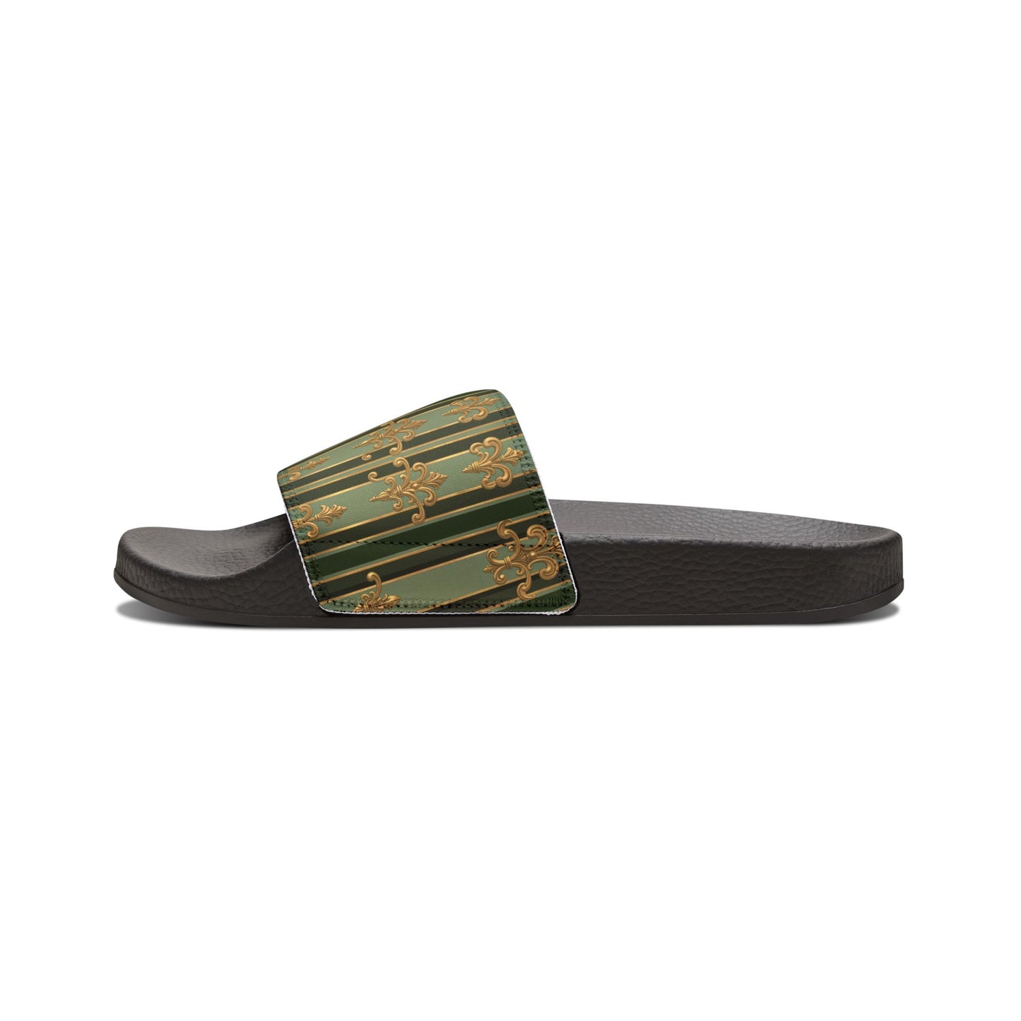Stylish Removable-Strap Sandals for Women, Trendy Summer Footwear, Gift for Her, Casual Slip-Ons - Green Striped Gold Baroque