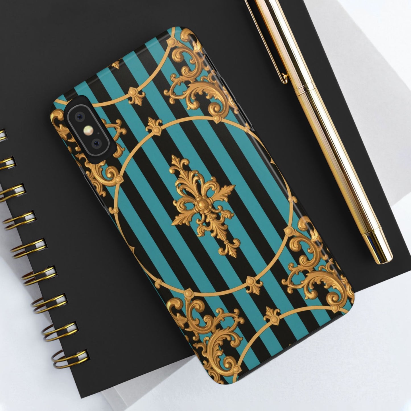 Elegant Turquoise & Black Striped Gold Baroque Phone Case, Tough Phone Cases for Fashion Lovers, Gift for Her, Luxury Accessories