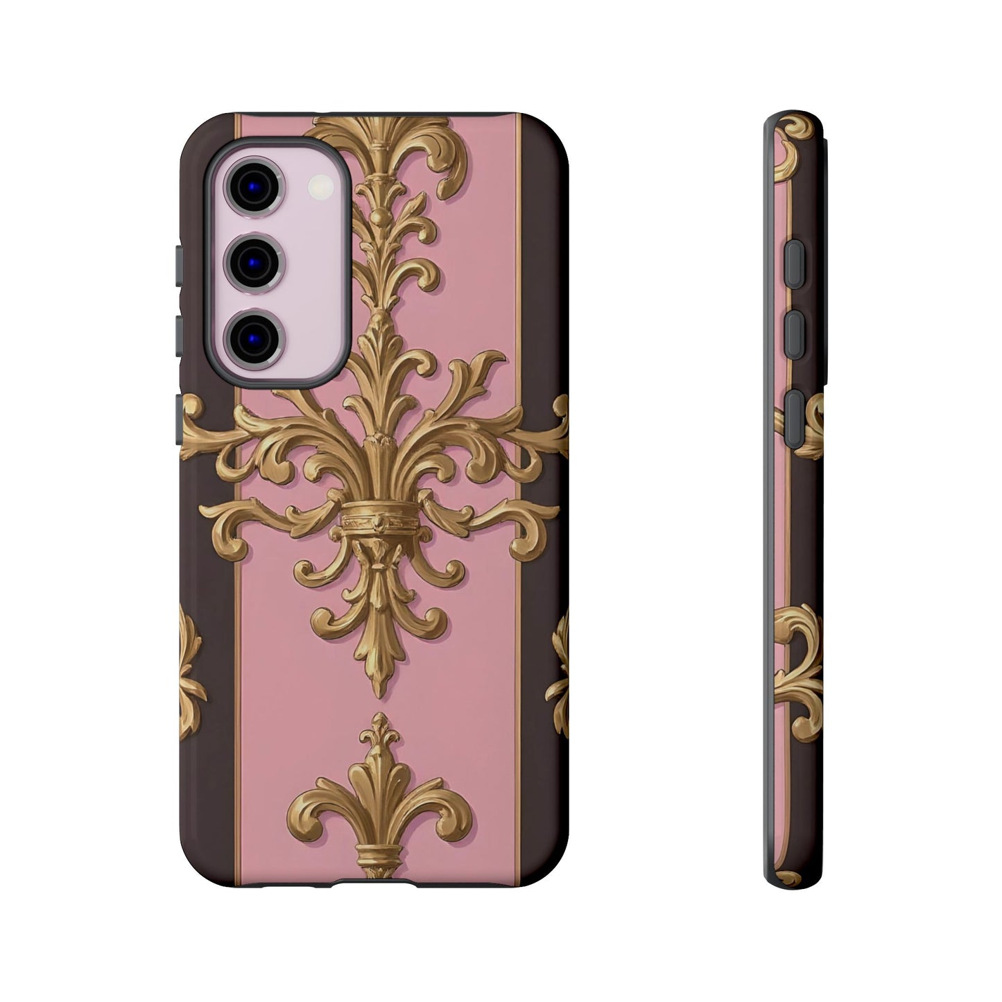 Elegant Floral Motif Phone Case - Tough Cases with Vintage Design - Pink & Brown Striped Gold Damask