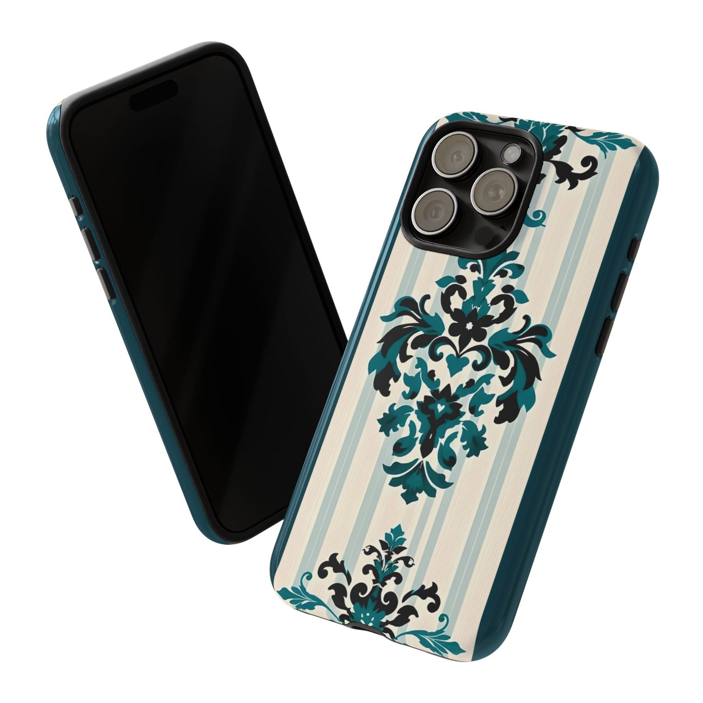 Elegant Floral Phone Case - Tough Cases with Vintage Design - Teal Striped Damask