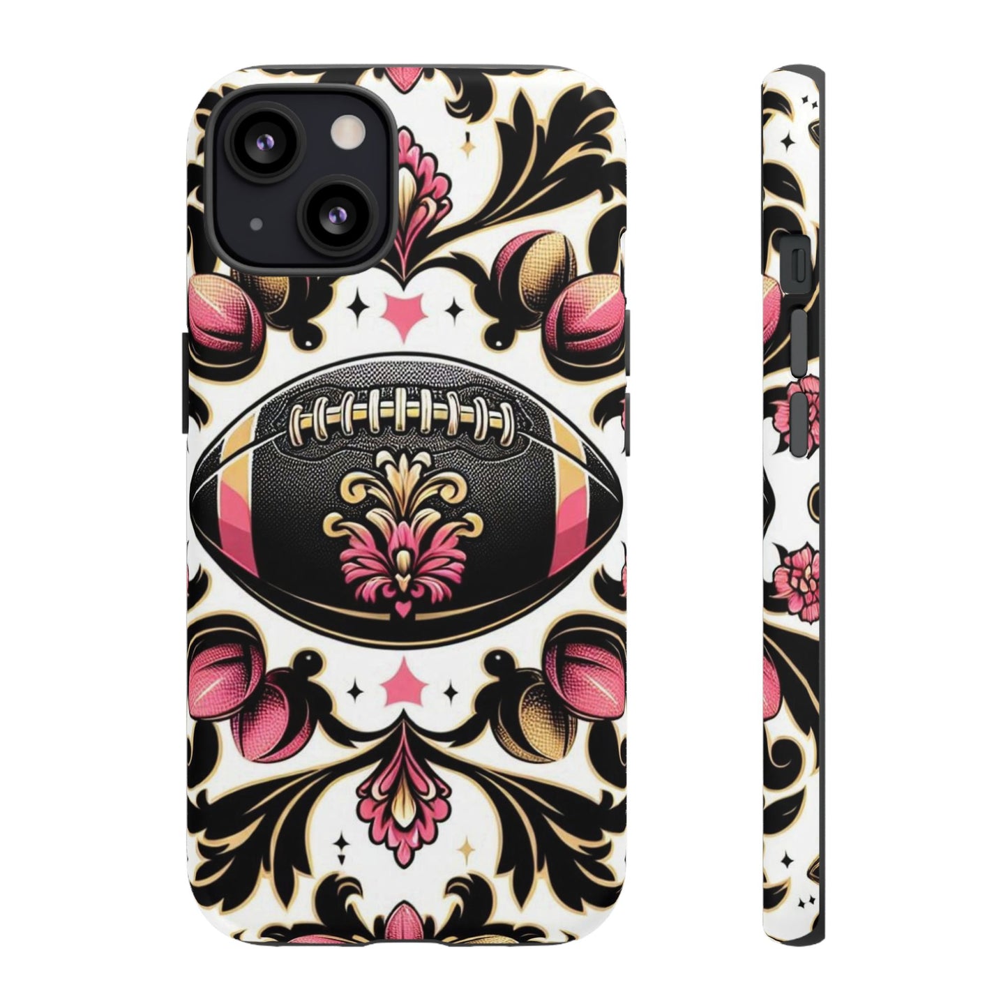 Elegant Floral Motif Phone Case - Tough Cases with Vintage Design - Damask White, Pink Gold & Black Football