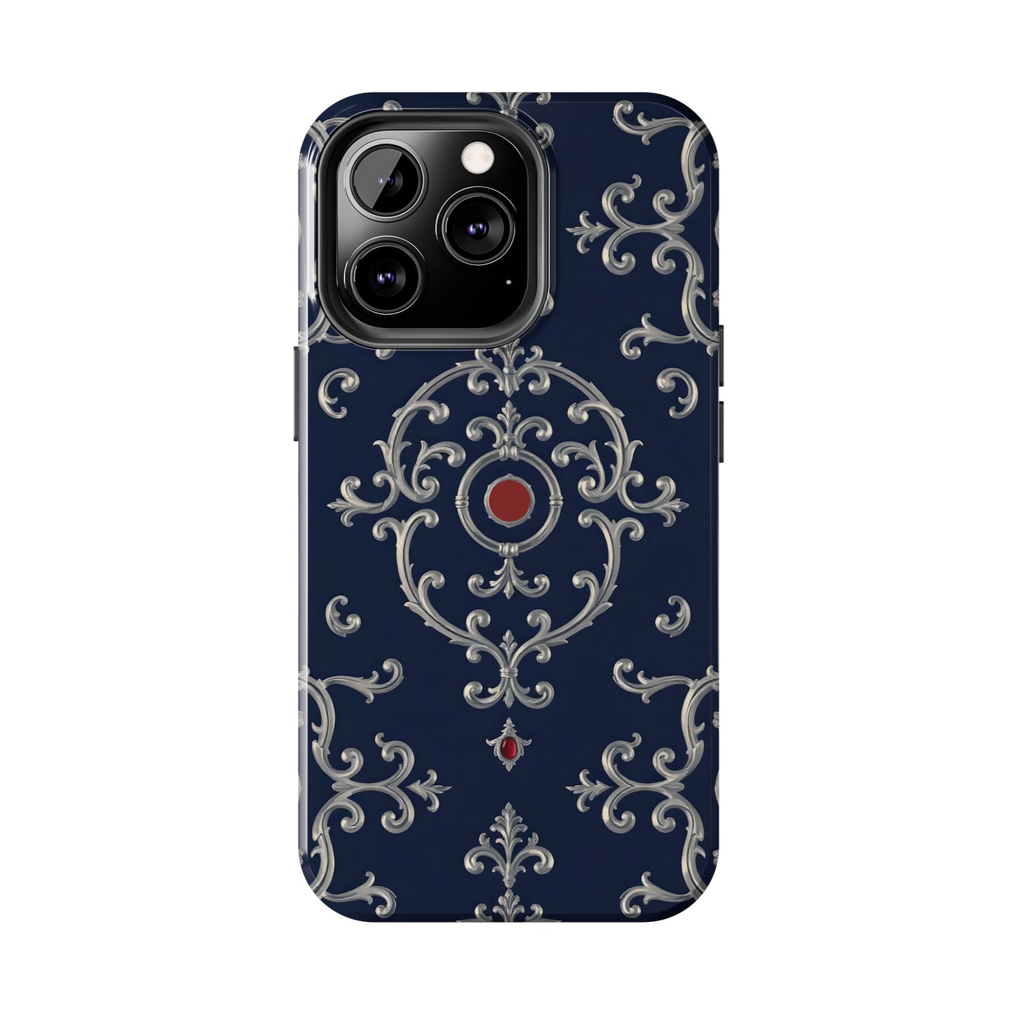 Elegant Patterned Tough Phone Cases for Stylish Protection, Gift for Her, Unique Accessories - Blue & Red Striped Silver Baroque