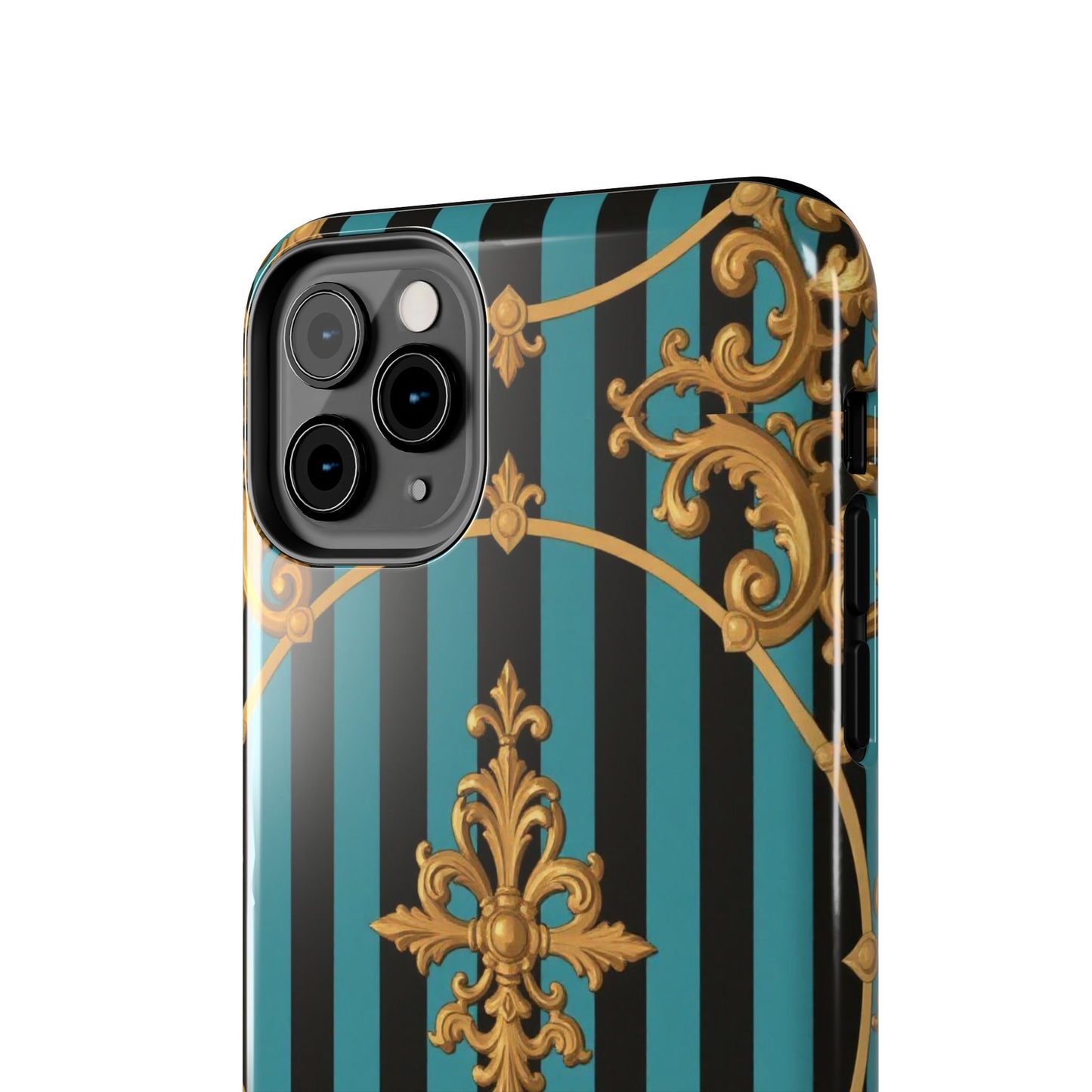 Elegant Turquoise & Black Striped Gold Baroque Phone Case, Tough Phone Cases for Fashion Lovers, Gift for Her, Luxury Accessories