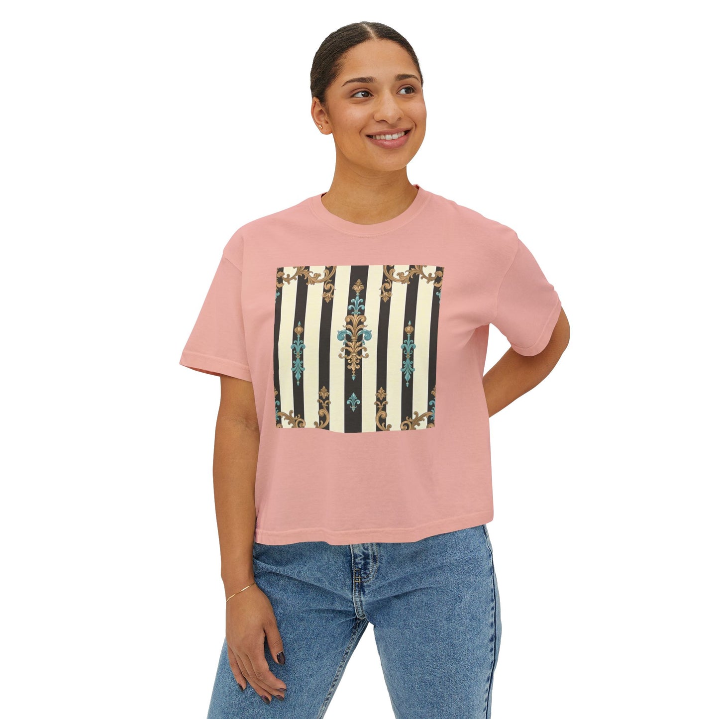 Women's Boxy Tee with Vintage Floral Design, Casual Tee, Summer Top, Gift for Her, Trendy T-Shirt - Black Striped Turquoise & Black Rococo