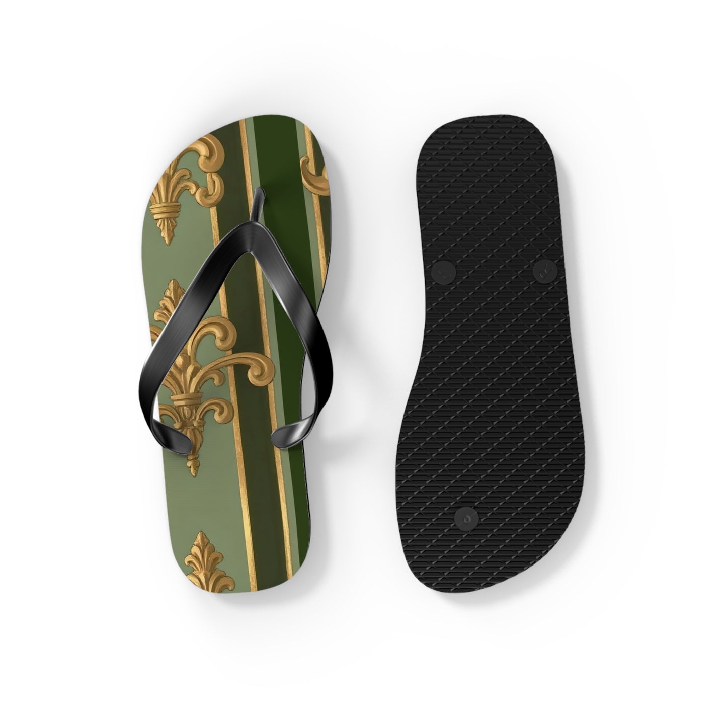 Elegant Vintage Flip Flops for Summer, Casual Sandals, Beachwear, Vacation Footwear, Summer Parties - Green Striped Gold Baroque