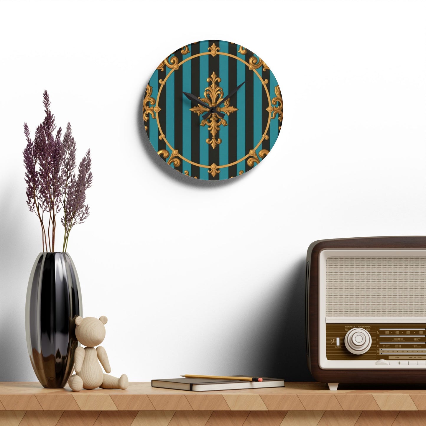Elegant Turquoise & Black Striped Gold Baroque Acrylic Wall Clock, Gold Accents, Home Decor, Gift for Housewarming, Birthday, Stylish Wall Art
