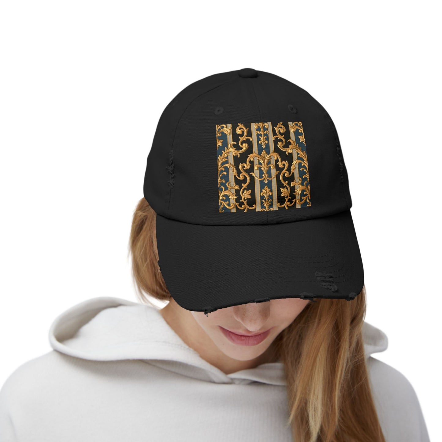 Unisex Distressed Cap with Elegant Gold Pattern, Vintage Style Hat, Casual Fashion Accessory - Blue & Black Striped Rococo
