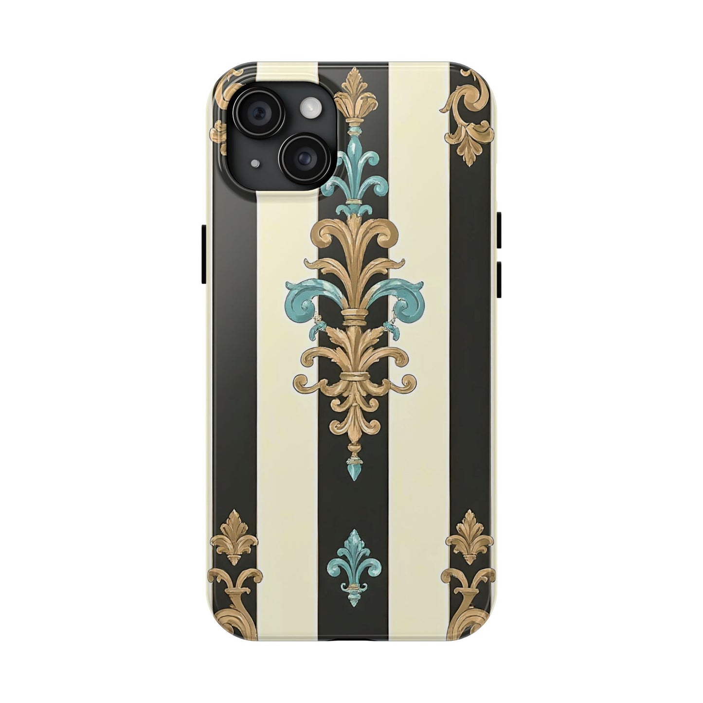 Elegant Vintage Tough Phone Cases, Stylish Phone Accessories, Quality Protection, Gifts for Her - Black Striped Turquoise & Black Rococo