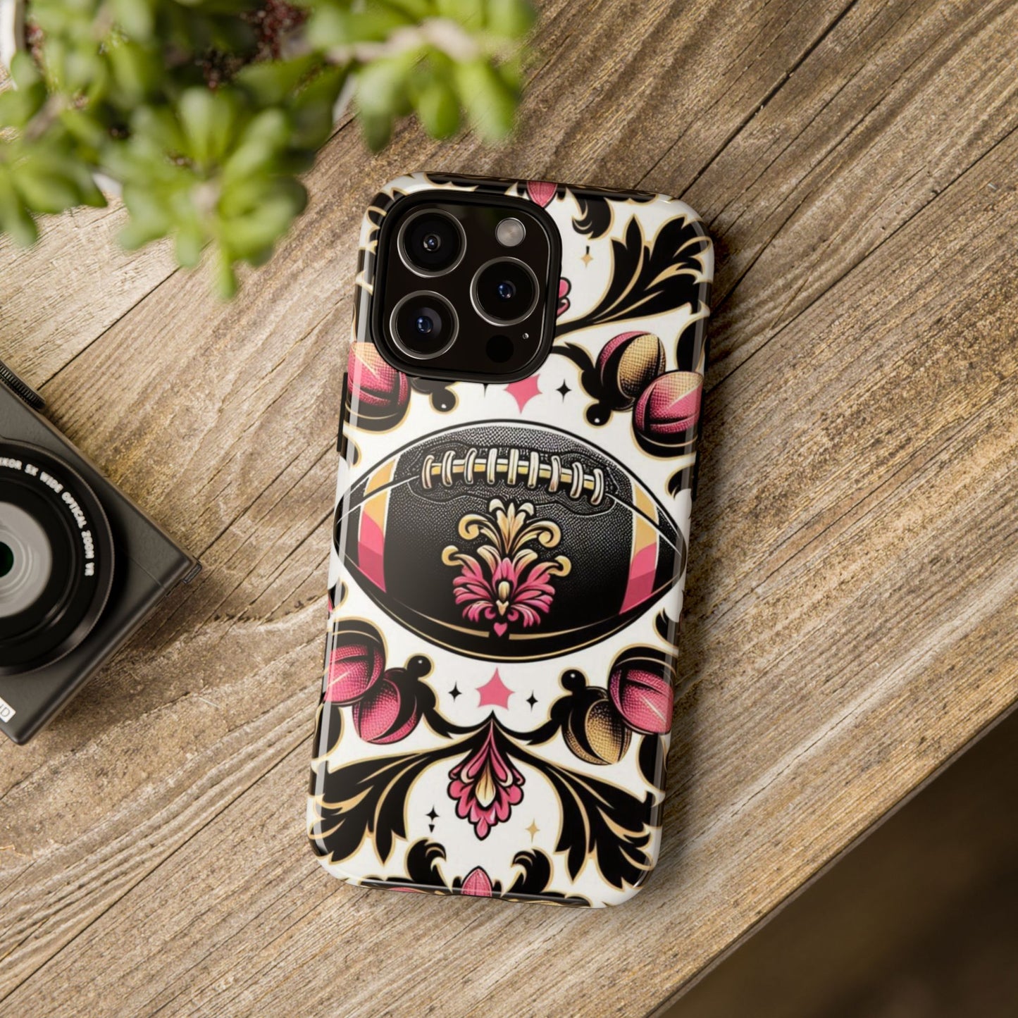 Elegant Floral Motif Phone Case - Tough Cases with Vintage Design - Damask White, Pink Gold & Black Football