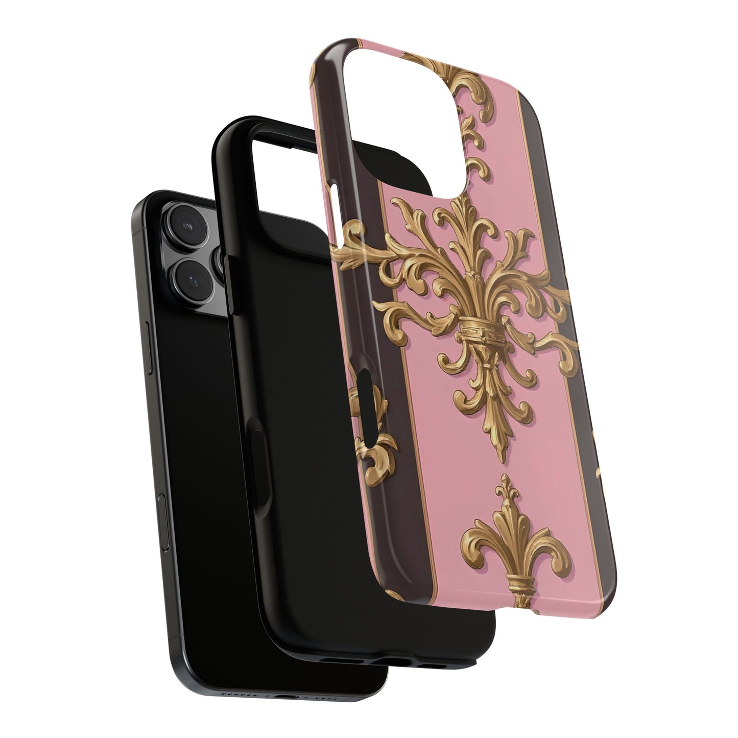 Elegant Floral Motif Phone Case - Tough Cases with Vintage Design - Pink & Brown Striped Gold Damask