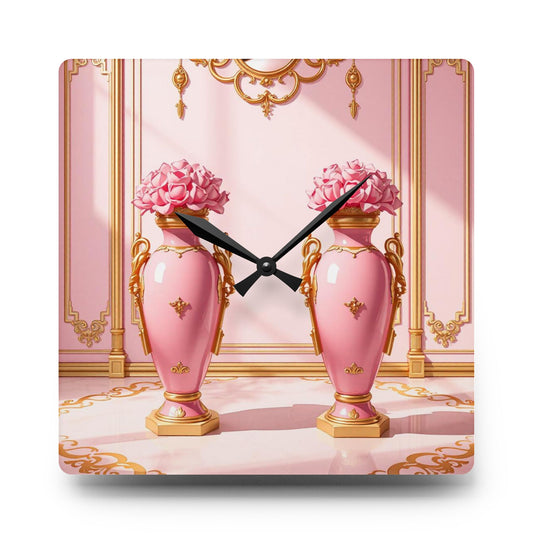 Elegant Floral Acrylic Wall Clock - Pink Vintage Home Decor, Stylish Wall Art, Timeless Gift for Weddings - Pink & Gold Vases