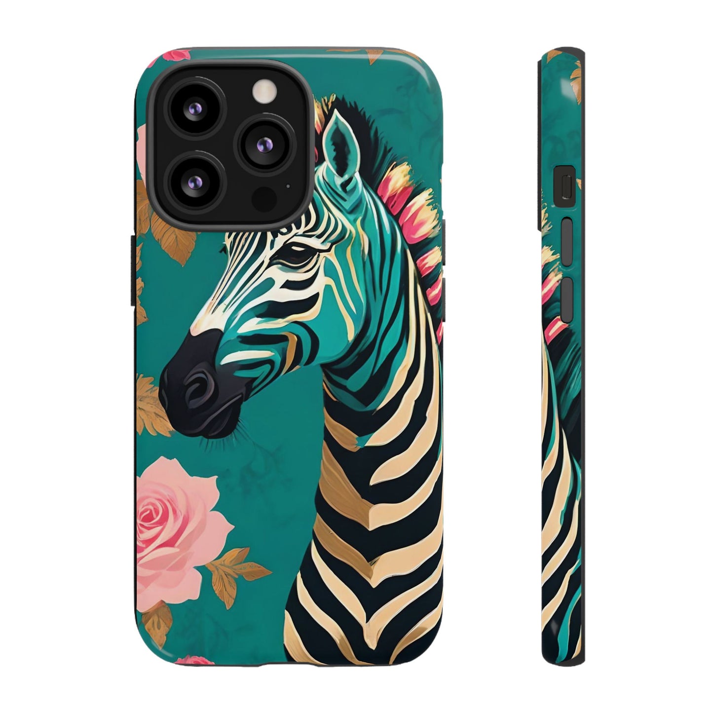 Phone Case - Elegant Teal & Gold Zebra & Roses Design