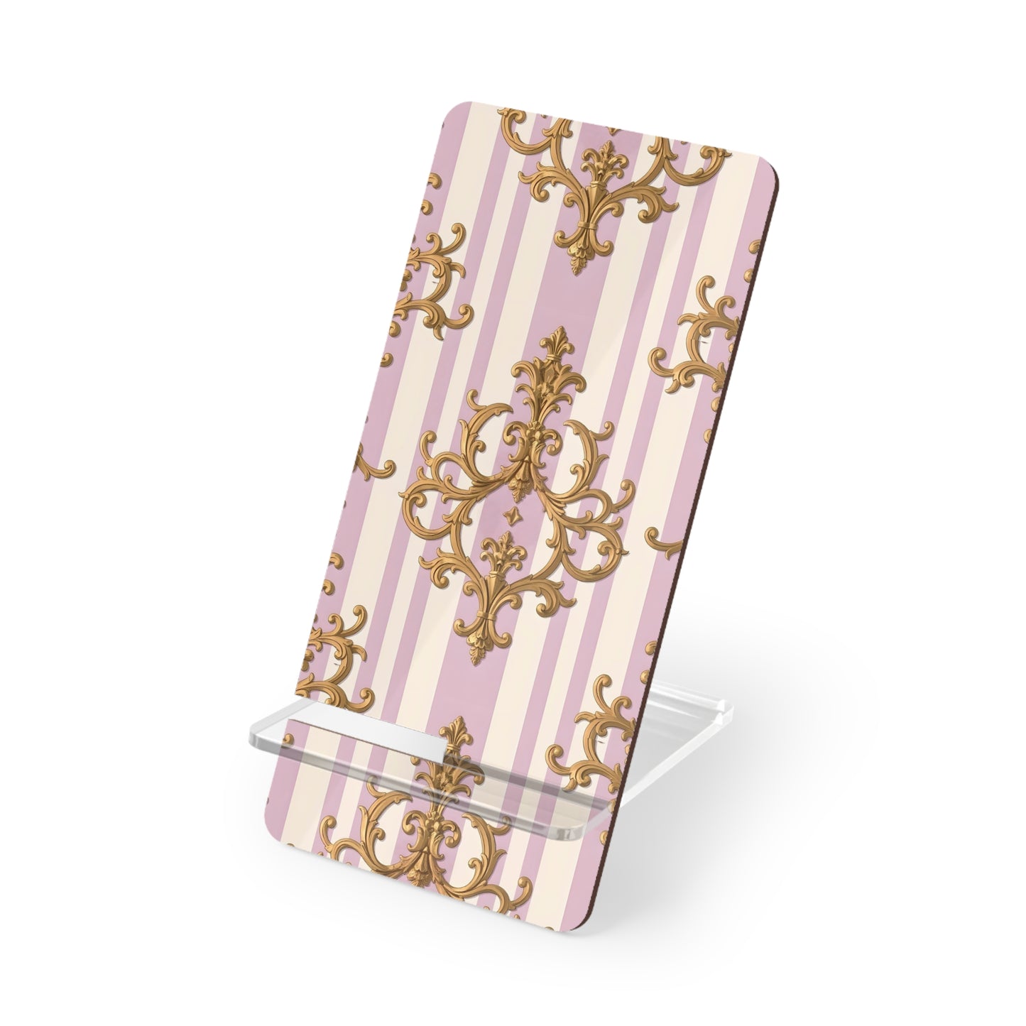 Chic Phone Stand for Stylish Smart Devices, Decorative Mobile Holder for Home & Office - Lilac & Alabaster Striped Gold Baroque