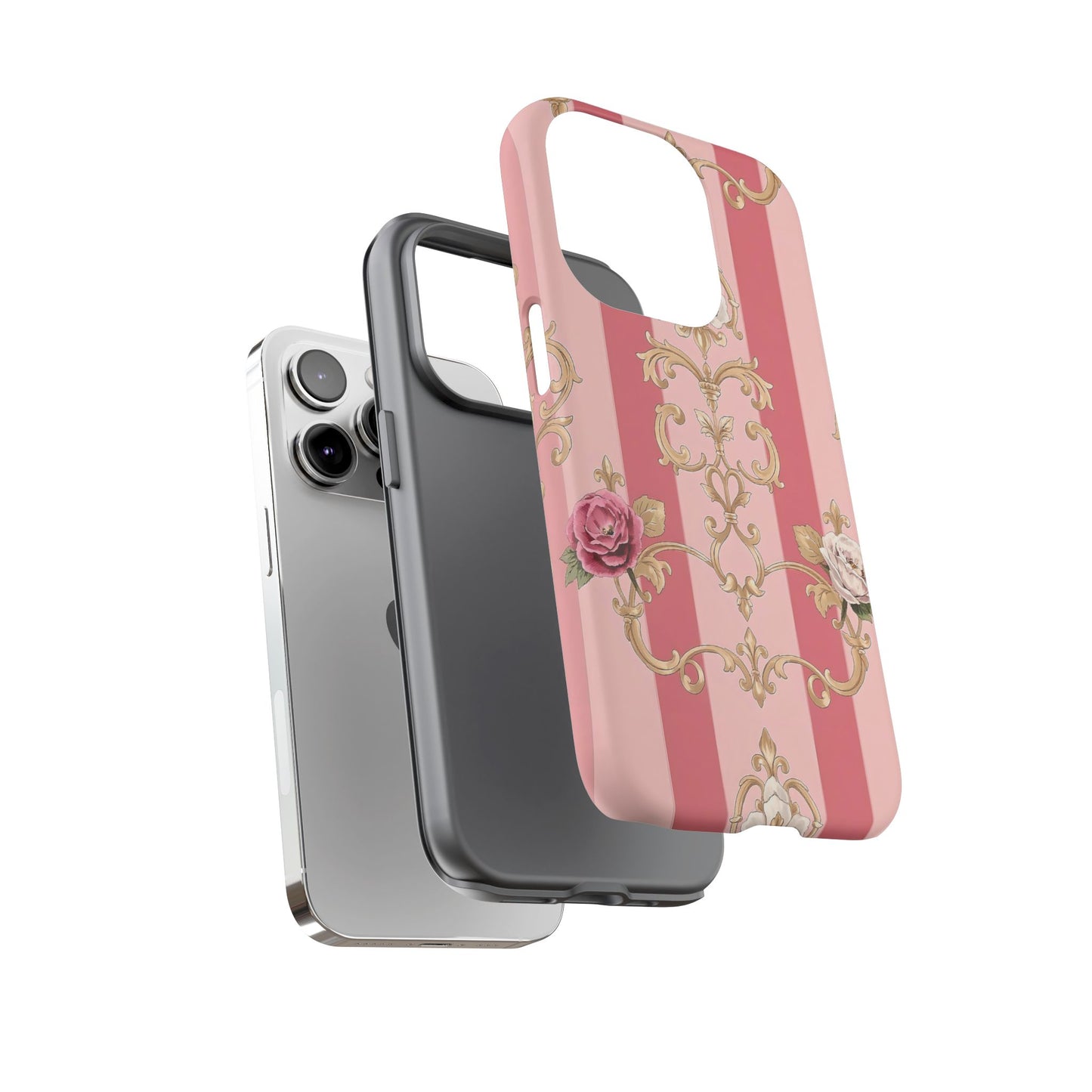 Elegant Floral Motif Phone Case - Tough Cases with Vintage Design - Pink Striped Roses & Damask