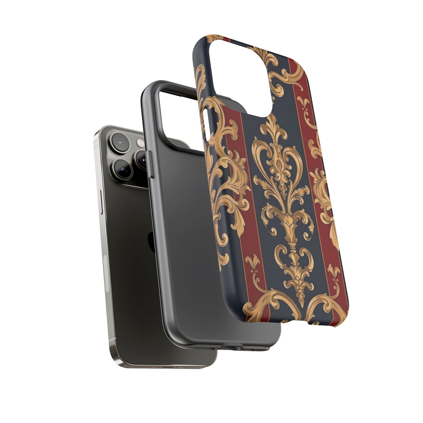 Elegant Floral Motif Phone Case - Tough Cases with Vintage Design - Midnight Blue & Dusk Red Striped Gold Damask
