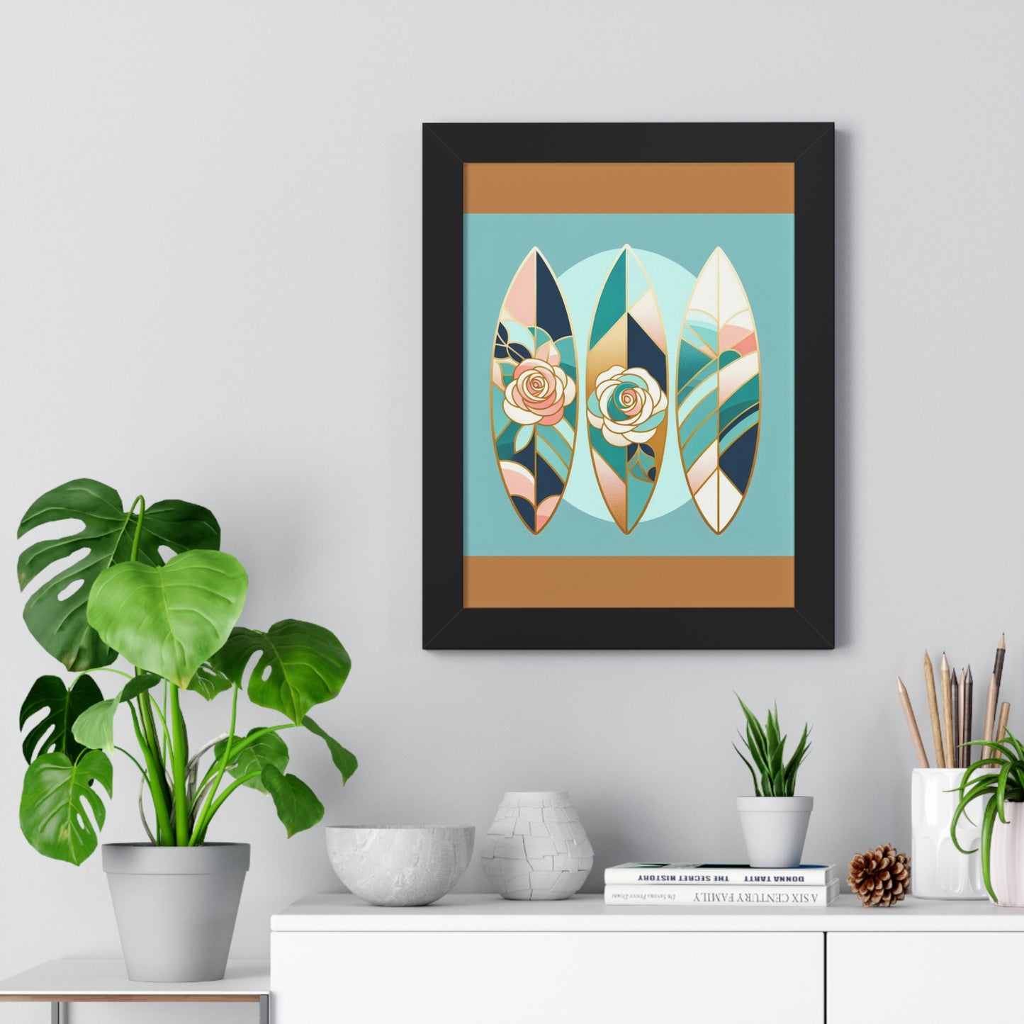 Vertical Poster - Blue, Pink & Aqua Surfboard & Roses Wall Art