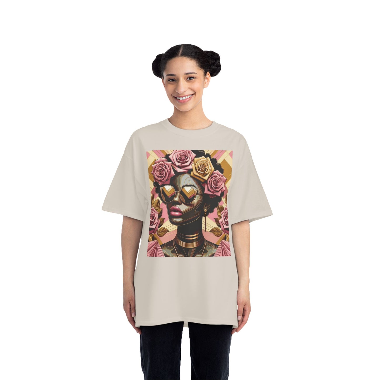 Artistic Floral Feminine T-Shirt, Stylish Tee with Mixed Media Design, Vibrant Short-Sleeve Top, Trendy Casual Wear - Pink Roses Lady