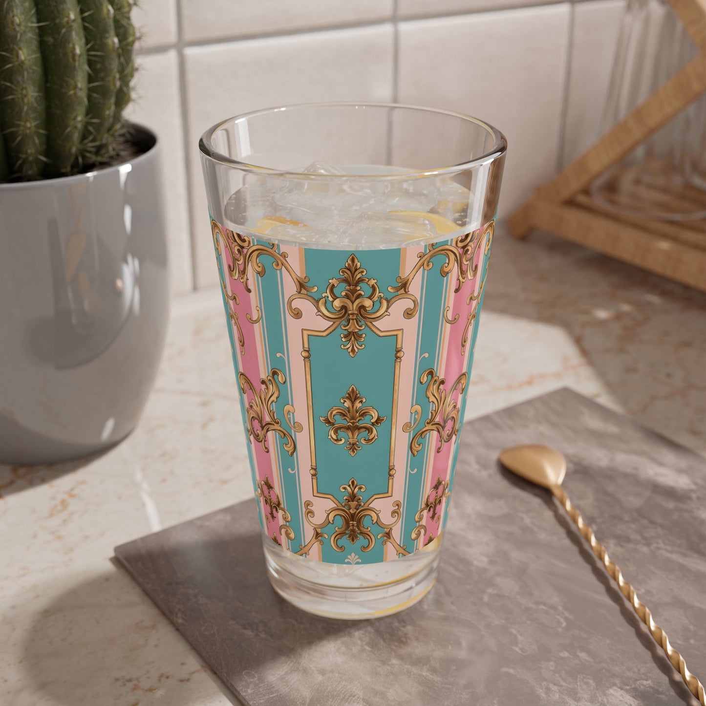 Elegant Mixing Glass, 16oz - Decorative Drinkware for Cocktails, Parties, Home Bar, Gift for Her - Pink & Matte Turquoise Striped Rococo