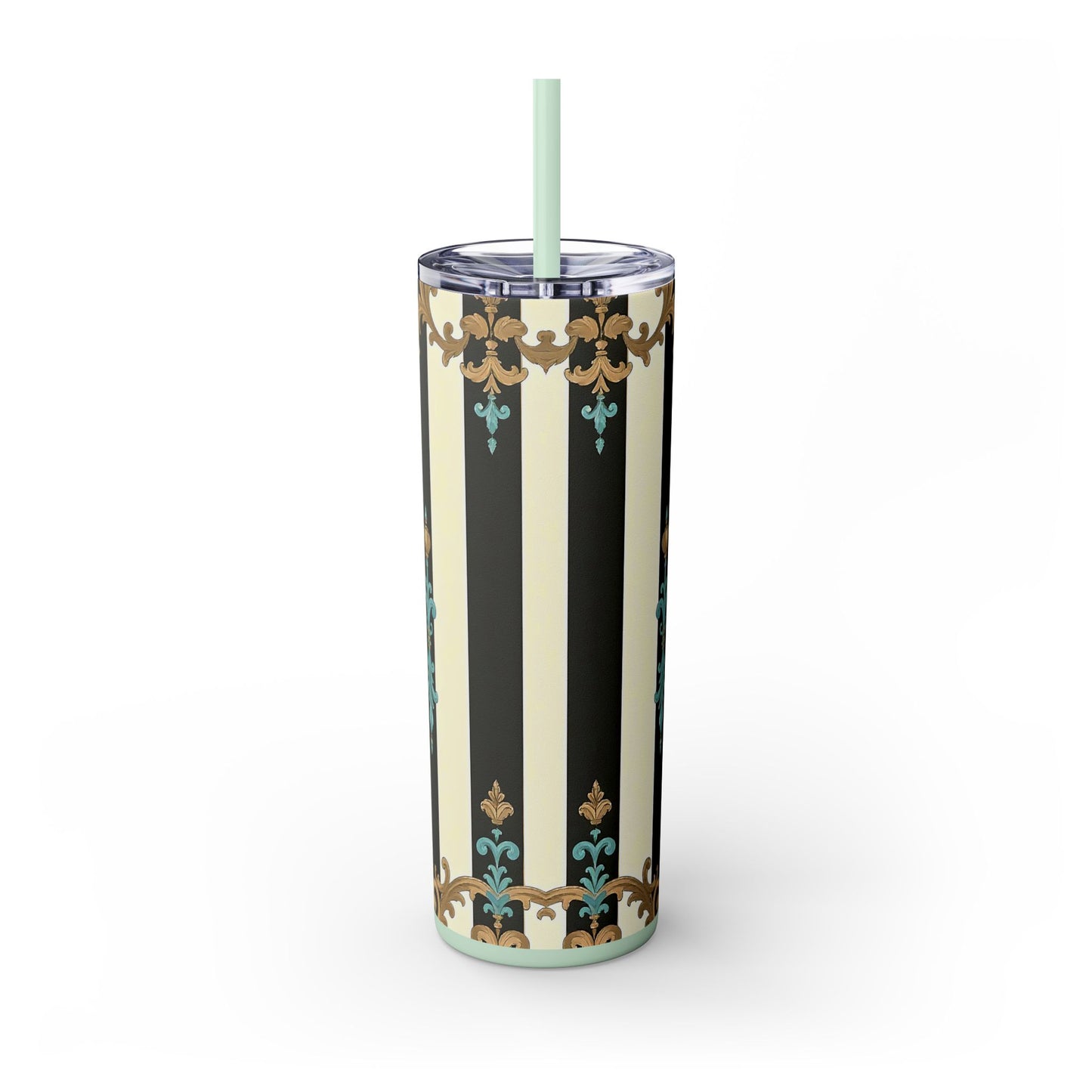 Elegant Stripe Skinny Tumbler | 20oz | Ideal Gift for Home, Office, Travel, Party, or Everyday Use - Black Striped Turquoise & Black Rococo
