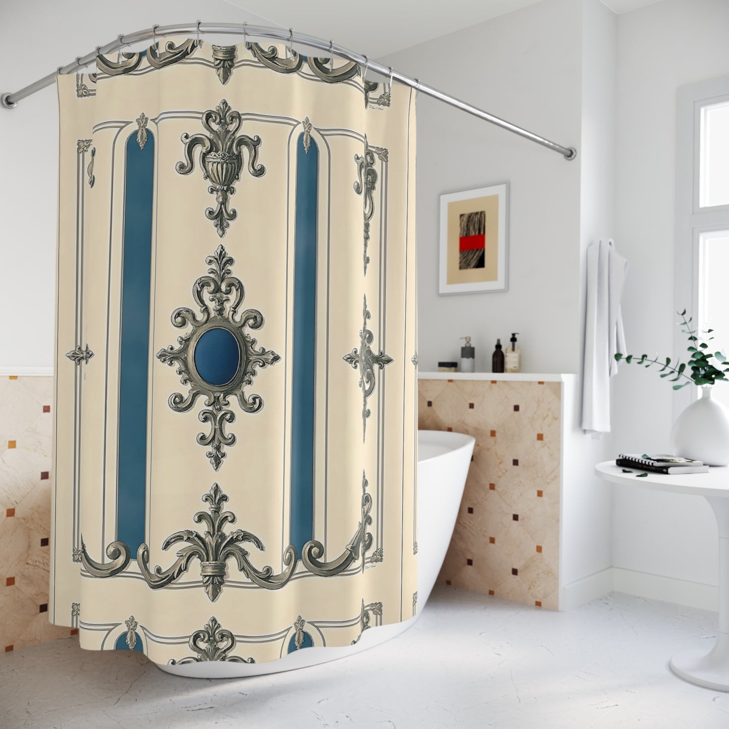 Elegant Vintage Shower Curtain - Classic Blue & Cream Design - Alabaster & Ocean Blue Baroque