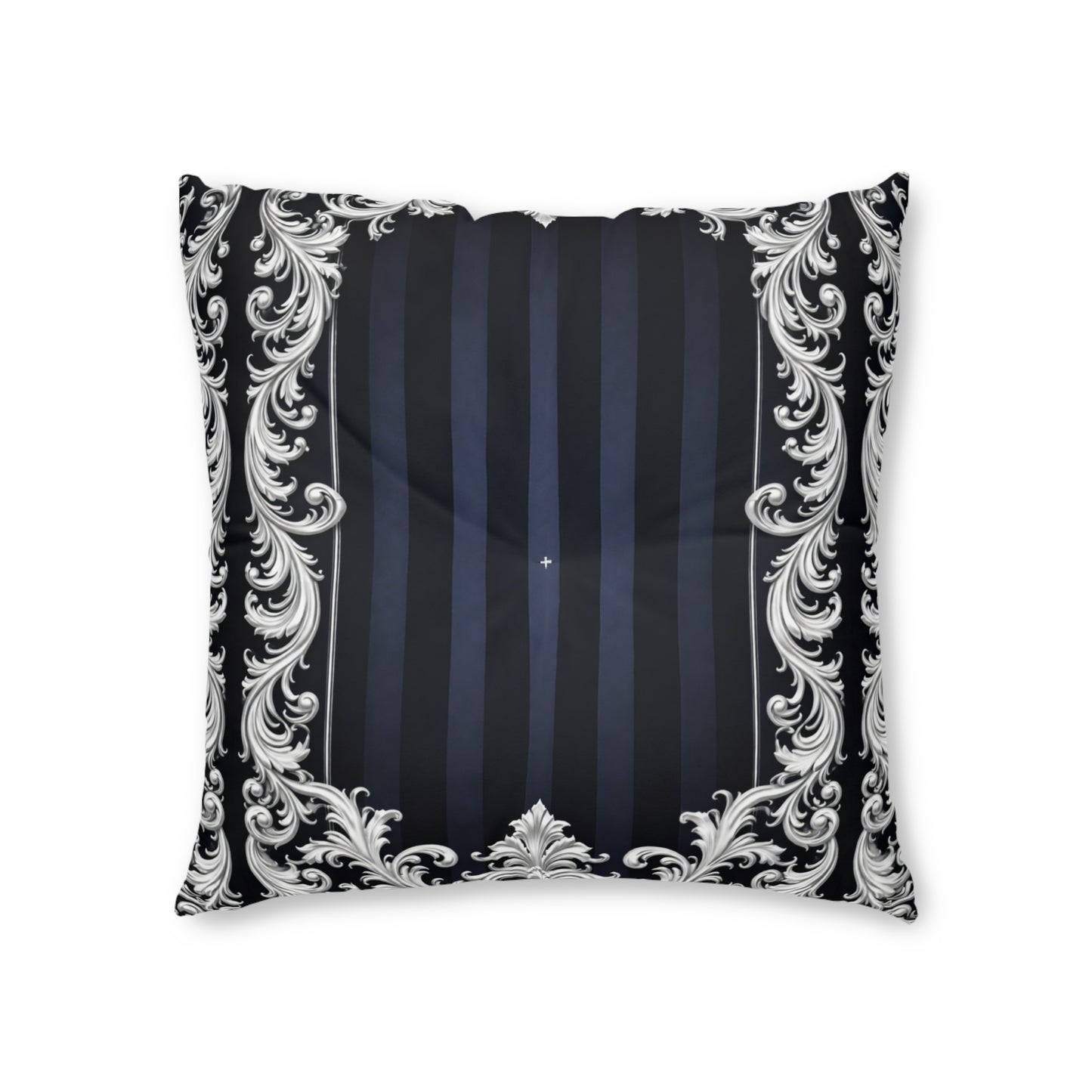 Navy Stripes & Baroque Tufted Floor Pillow — Luxurious Navy & Silver Decorative Cushion