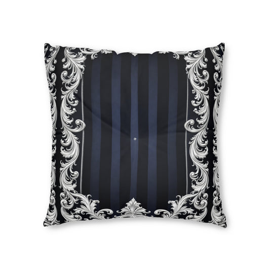 Navy Stripes & Baroque Tufted Floor Pillow — Luxurious Navy & Silver Decorative Cushion