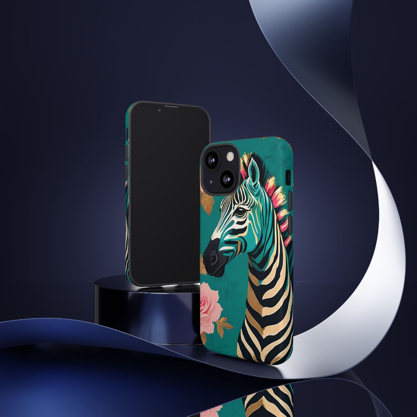 Phone Case - Elegant Teal & Gold Zebra & Roses Design