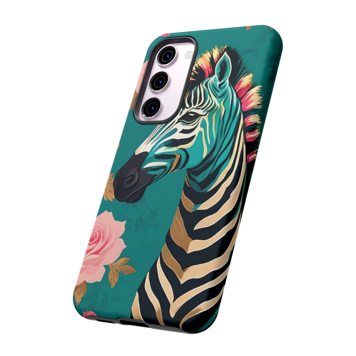 Phone Case - Elegant Teal & Gold Zebra & Roses Design