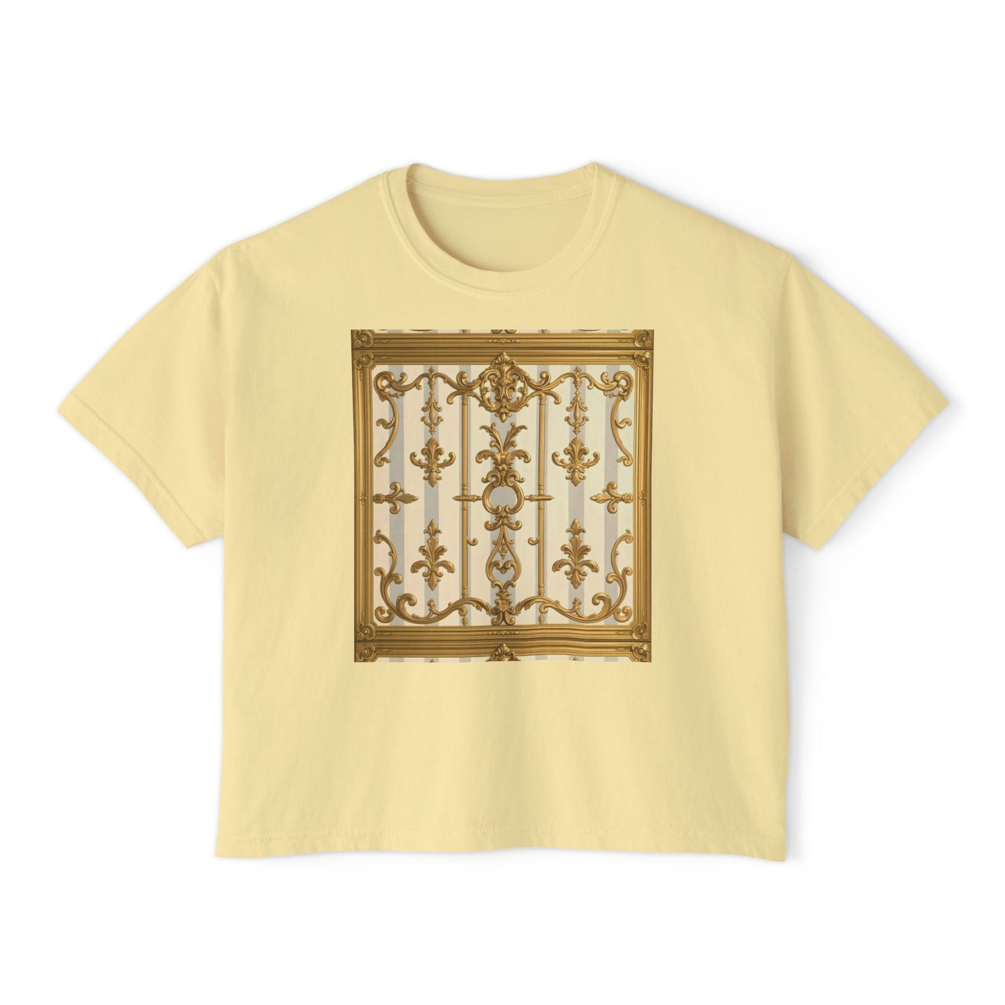 Chic Women's Boxy Tee with Elegant Gate Design, Stylish Casual Wear, Summer Tee, Gift for Her - Matte Gray & Cream Striped Gold Baroque