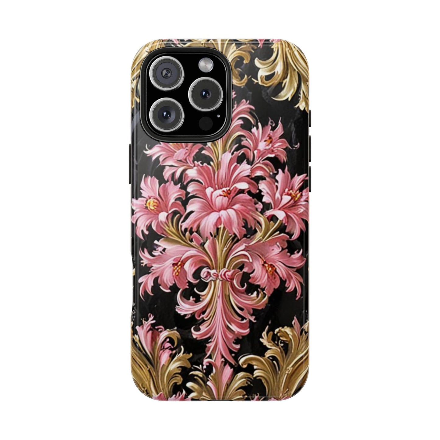 Elegant Floral Tough Phone Cases | Stylish Protection for Her | Gift for Birthdays - Black & Pink Oil Painting Style Rococo