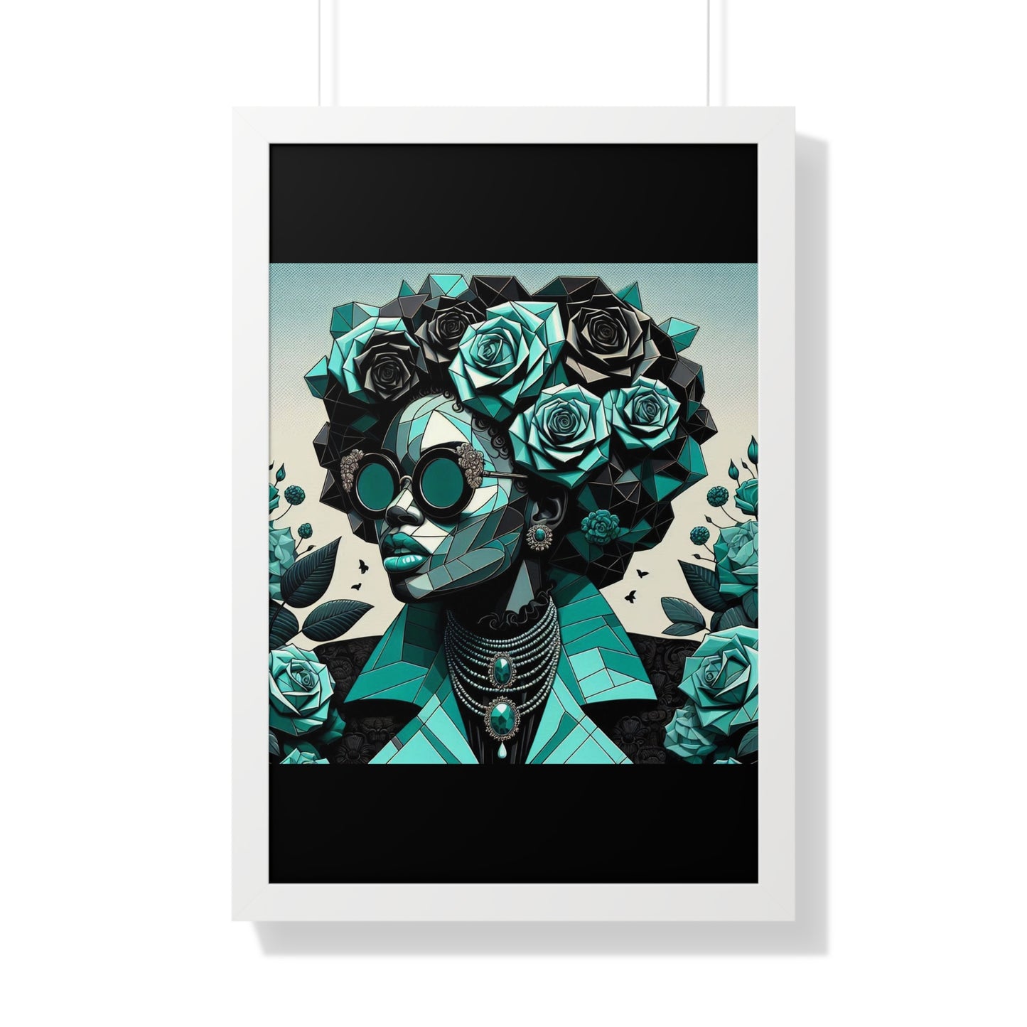 Framed Art Poster, Bohemian Home Decor, Wall Art for Living Room, Gift for Art Lovers, Unique Framed Wall Decor - Turquoise & Black Roses Lady