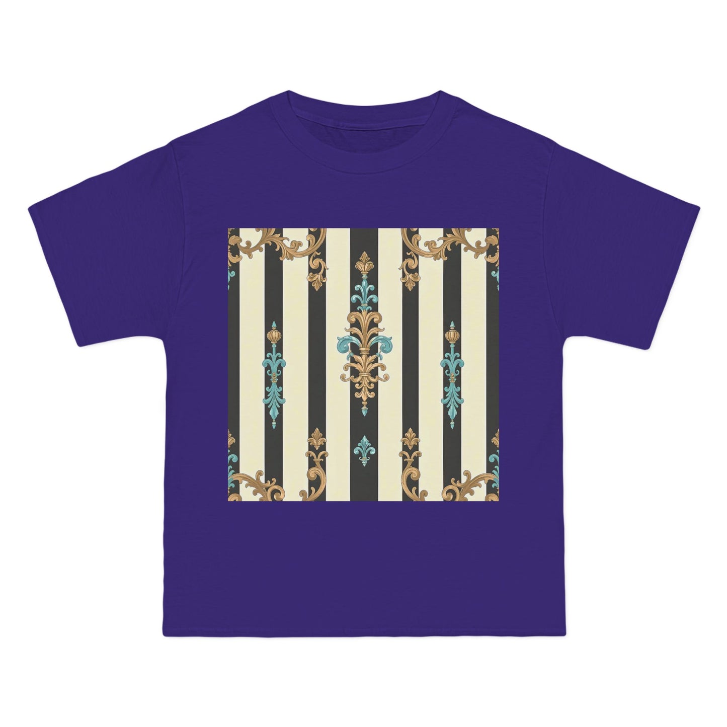 Elegant Floral Pattern Tee, Vintage Style T-Shirt, Gift for Her, Casual Outfit - Black Striped Turquoise & Black Rococo