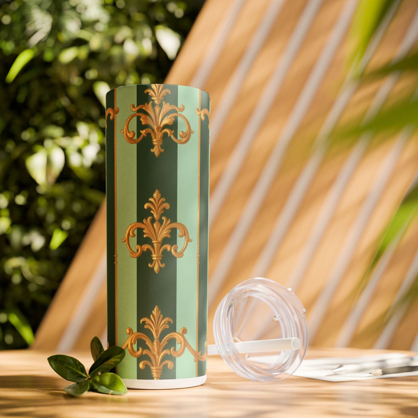 Elegant Floral Skinny Tumbler with Straw, 20oz – Stylish Travel Mug, Eco-Friendly Reusable Cup - Mint Green & Teal Striped Gold Baroque