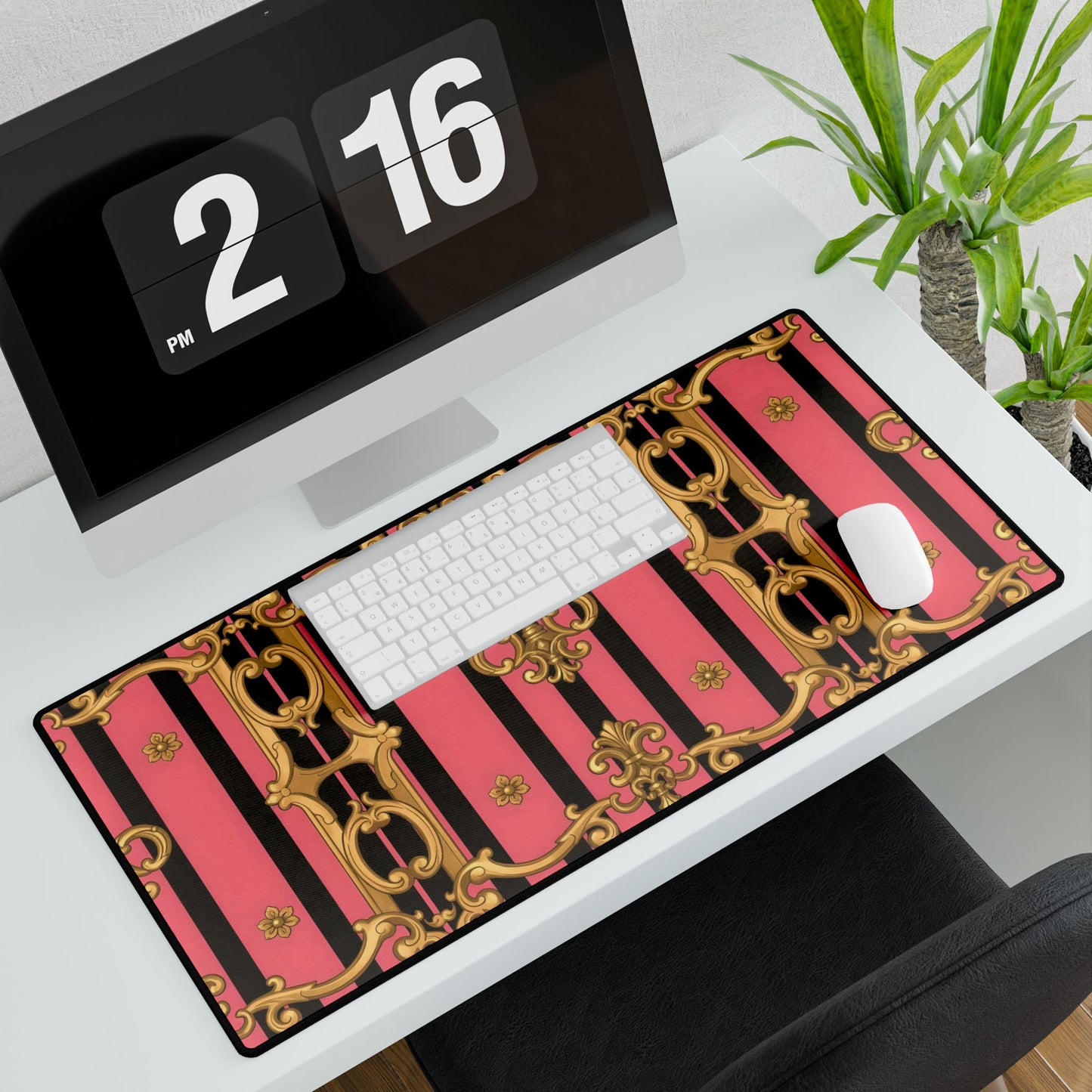 Elegant Pink & Black Desk Mat for Home Office, Stylish Ergonomic Mat, Desk Accessories - Pink & Black Striped Gold Baroque