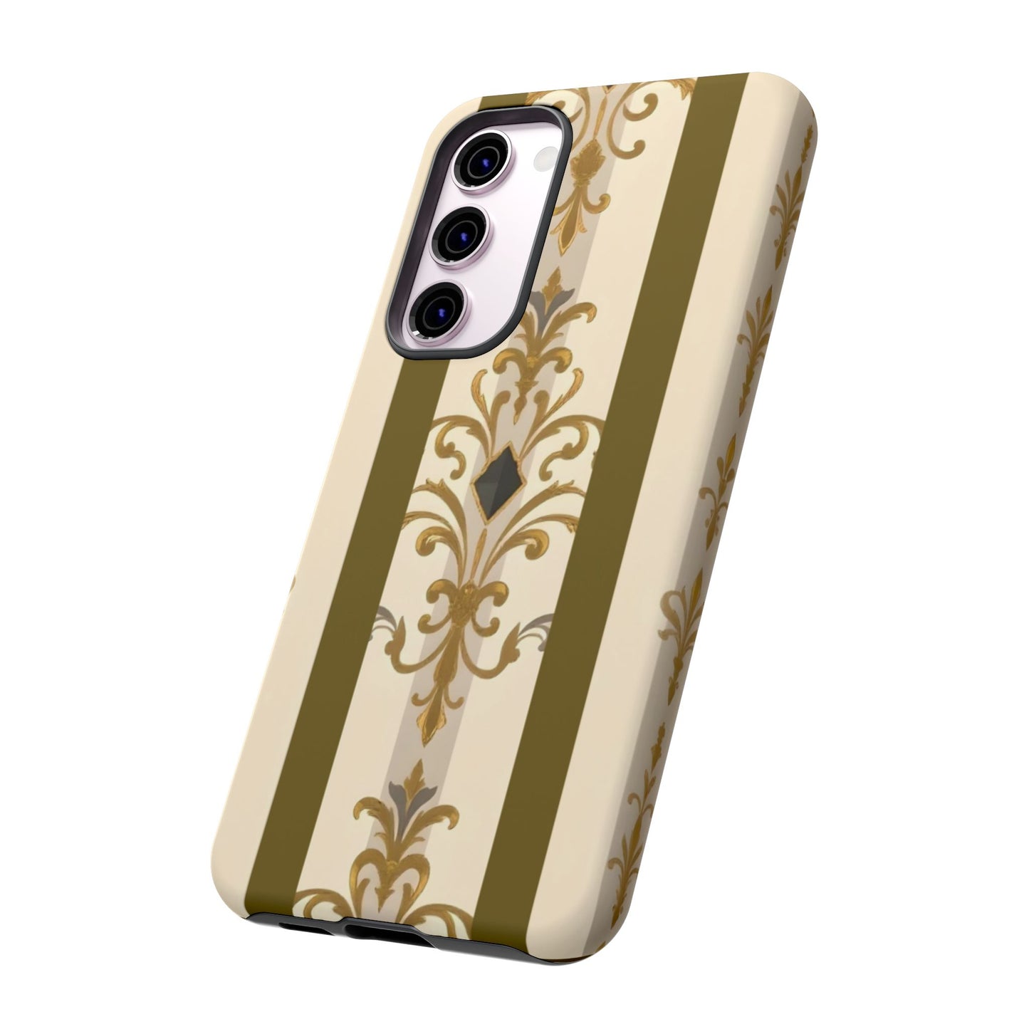Elegant Floral Motif Phone Case - Tough Cases with Vintage Design - Olive Striped Gold Damask