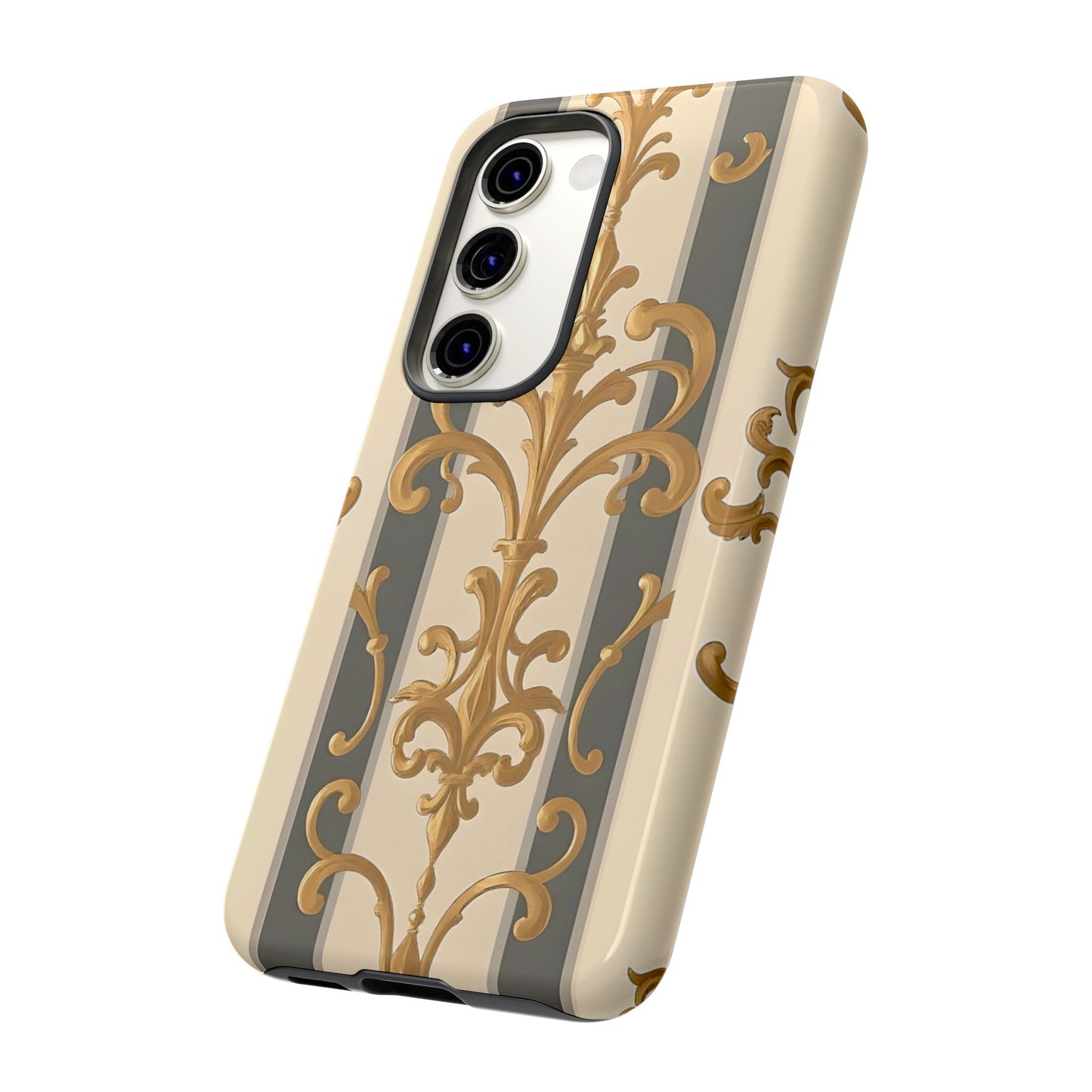Elegant Floral Motif Phone Case - Tough Cases with Vintage Design - Dusk Olive Striped Gold Damask