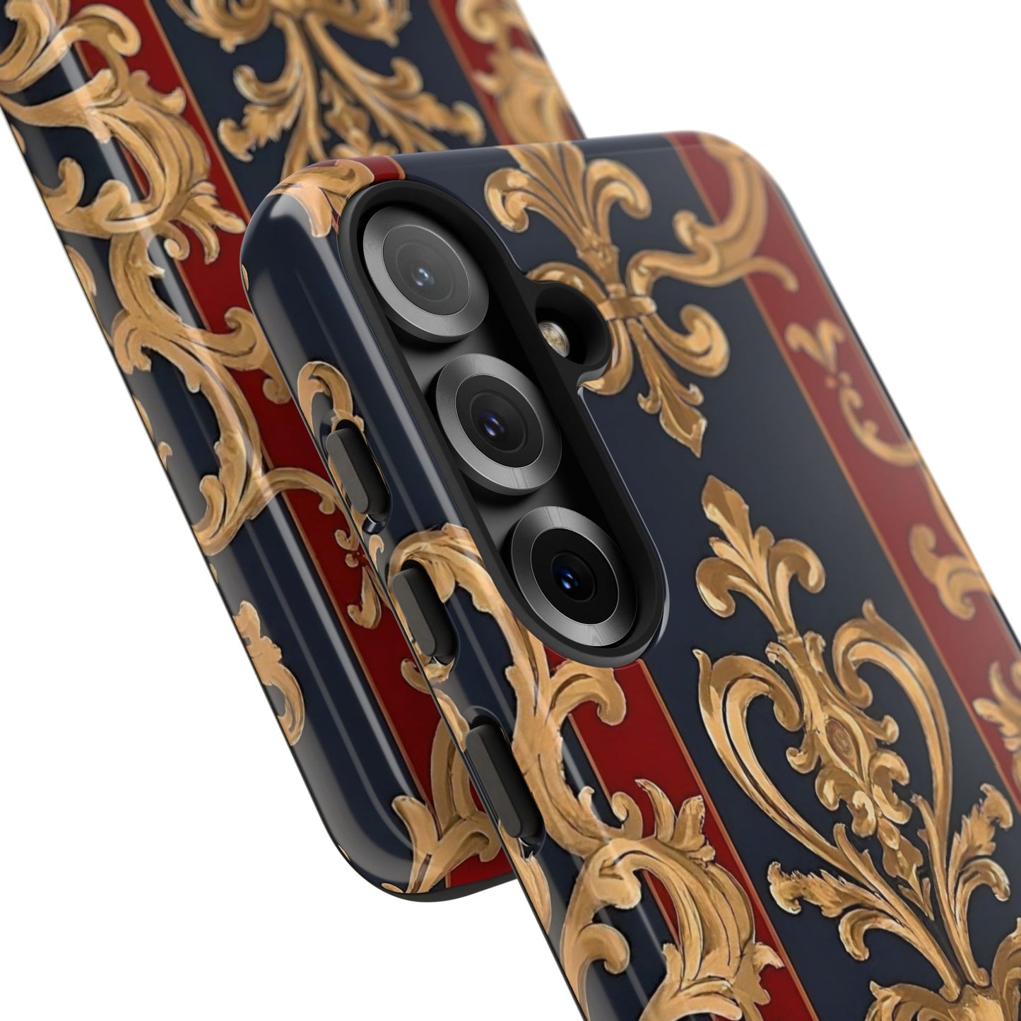 Elegant Floral Motif Phone Case - Tough Cases with Vintage Design - Midnight Blue & Dusk Red Striped Gold Damask