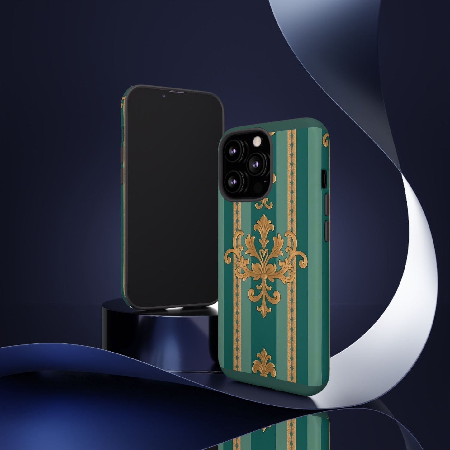 Elegant Floral Motif Phone Case - Tough Cases with Vintage Design - Teal Striped Gold Damask