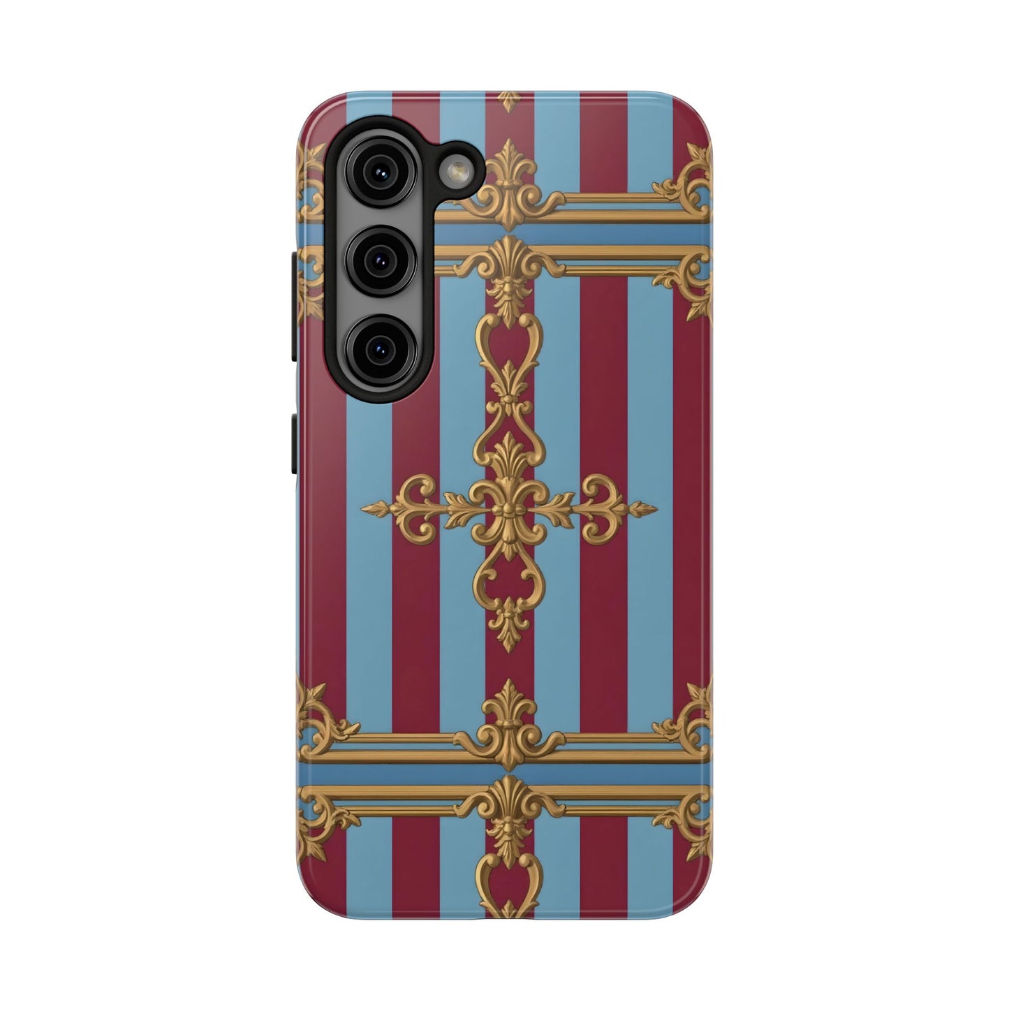 Elegant Patterned Tough Phone Cases, Stylish Phone Cover, Durable Phone Protection, Unique Gift Idea - Sky Blue & Maroon Striped Baroque