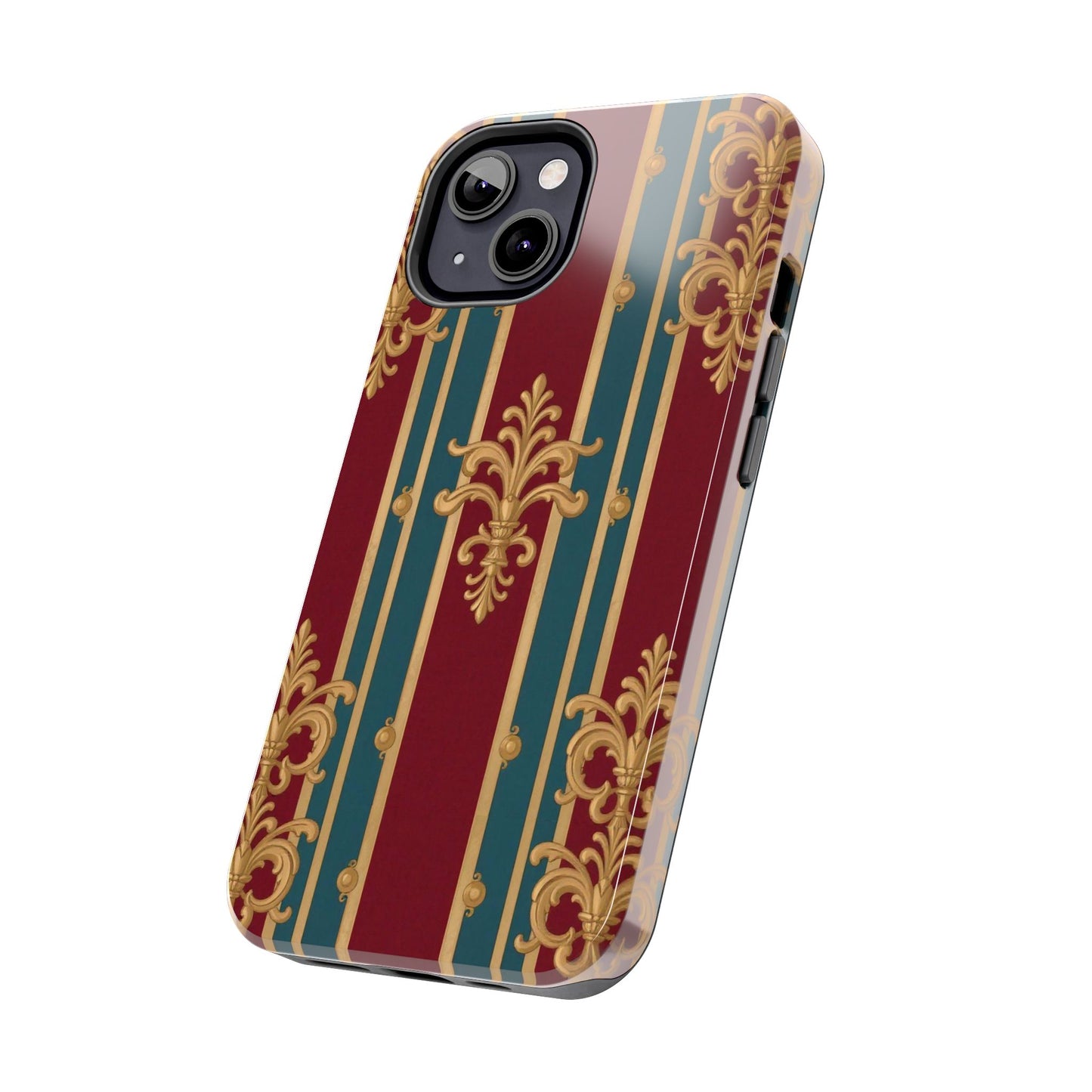 Elegant Vintage Tough Phone Case, Luxury Phone Protection, Stylish Phone Cover, Durable Phone Accessory - Burgundy Striped Gold Baroque