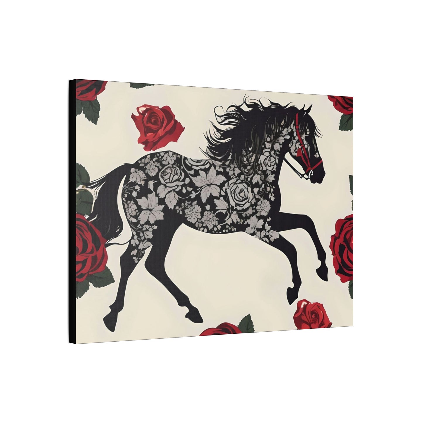 Art Print Canvas, Wall Decor, Satin Stretched Canvas, Equestrian Art, Office Decor, Home Decor - Horse & Roses
