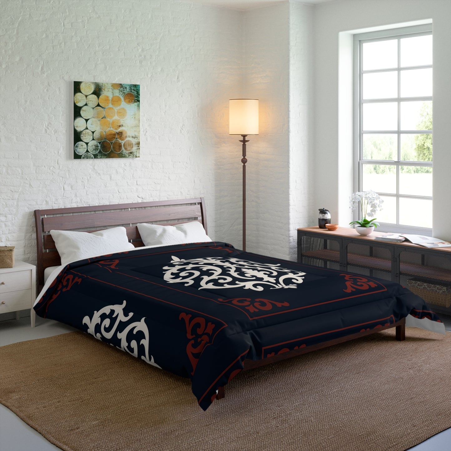 Dusk Blue-Maroon & White Baroque Comforter — Dusk Blue & White Decorative Bedding